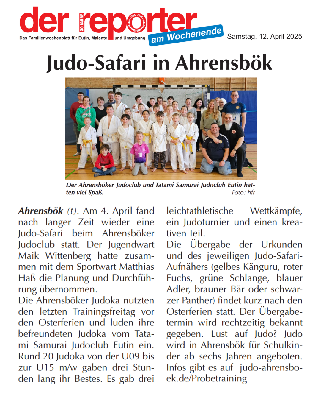 📢📰 Judo-Safari in Ahrensbök (Der Reporter – 12.04.2025) 📰📢