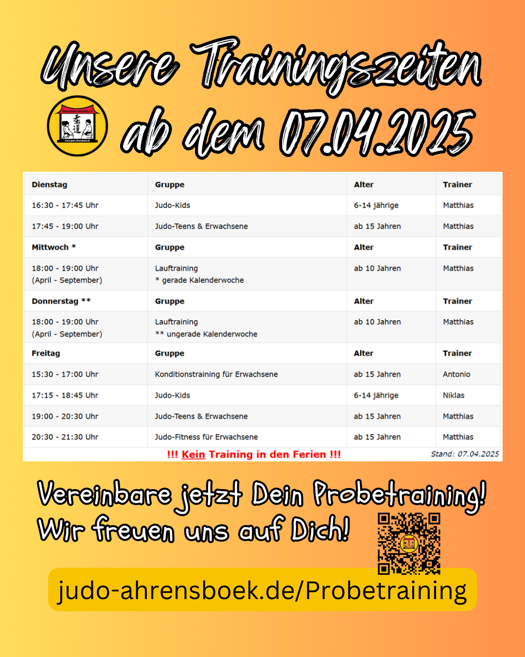 📢🕐 Trainingszeiten ab dem 07.04.2025 🕐📢